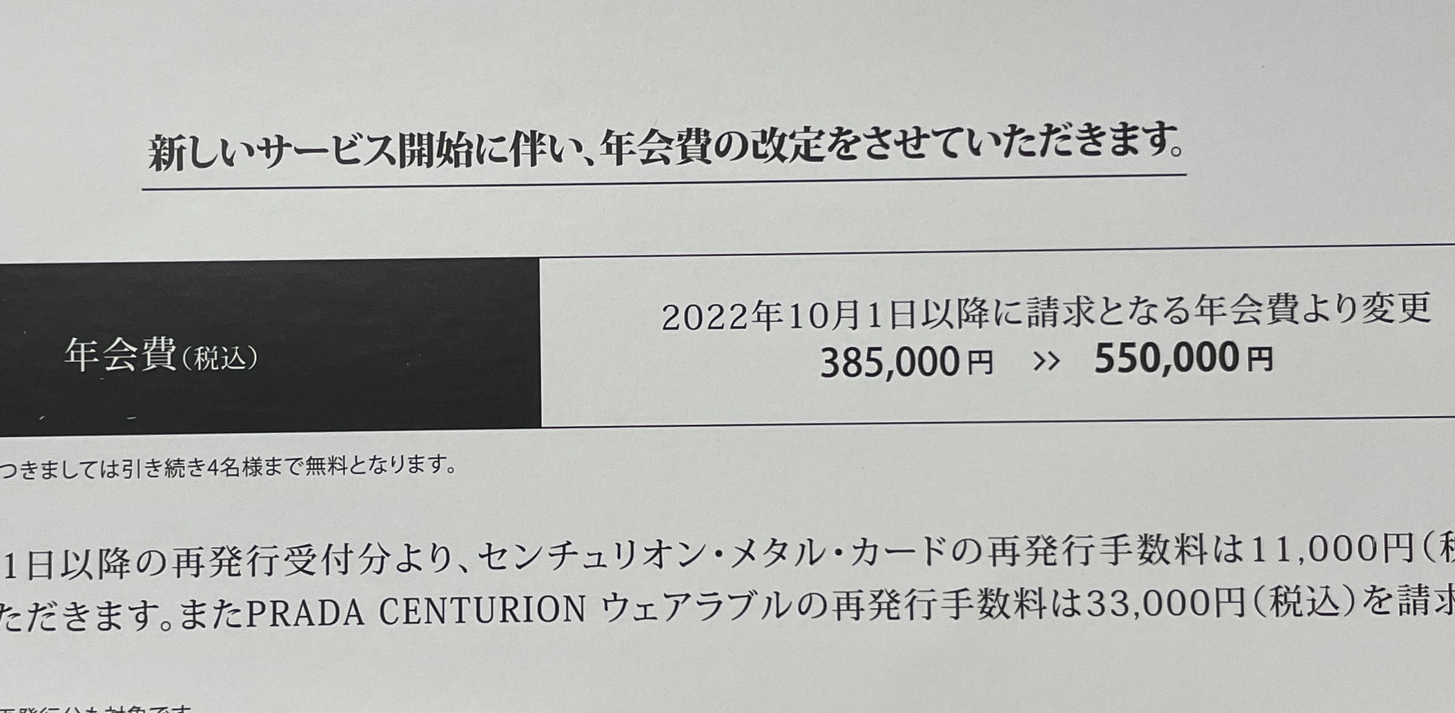 アメックスセンチュリオンの年会費値上げ